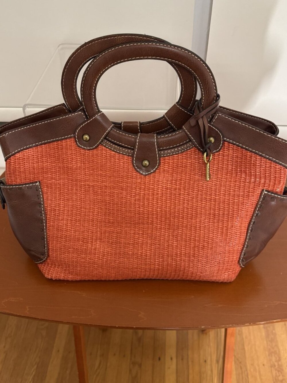 Fossil Tote Orange Straw Woven Handbag
